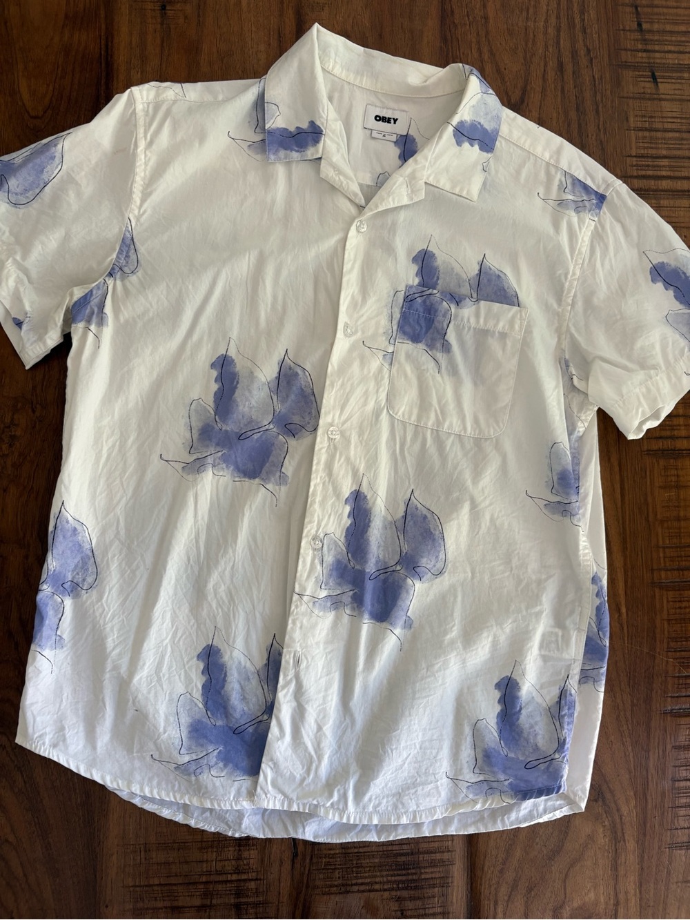 Obey White Short-Sleeve Button-Down Shirt with Lavender Floral Print
